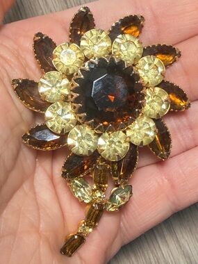Flower Brooch 3D with Amber Marquise and Prong Set Rhinestones 3 Inch